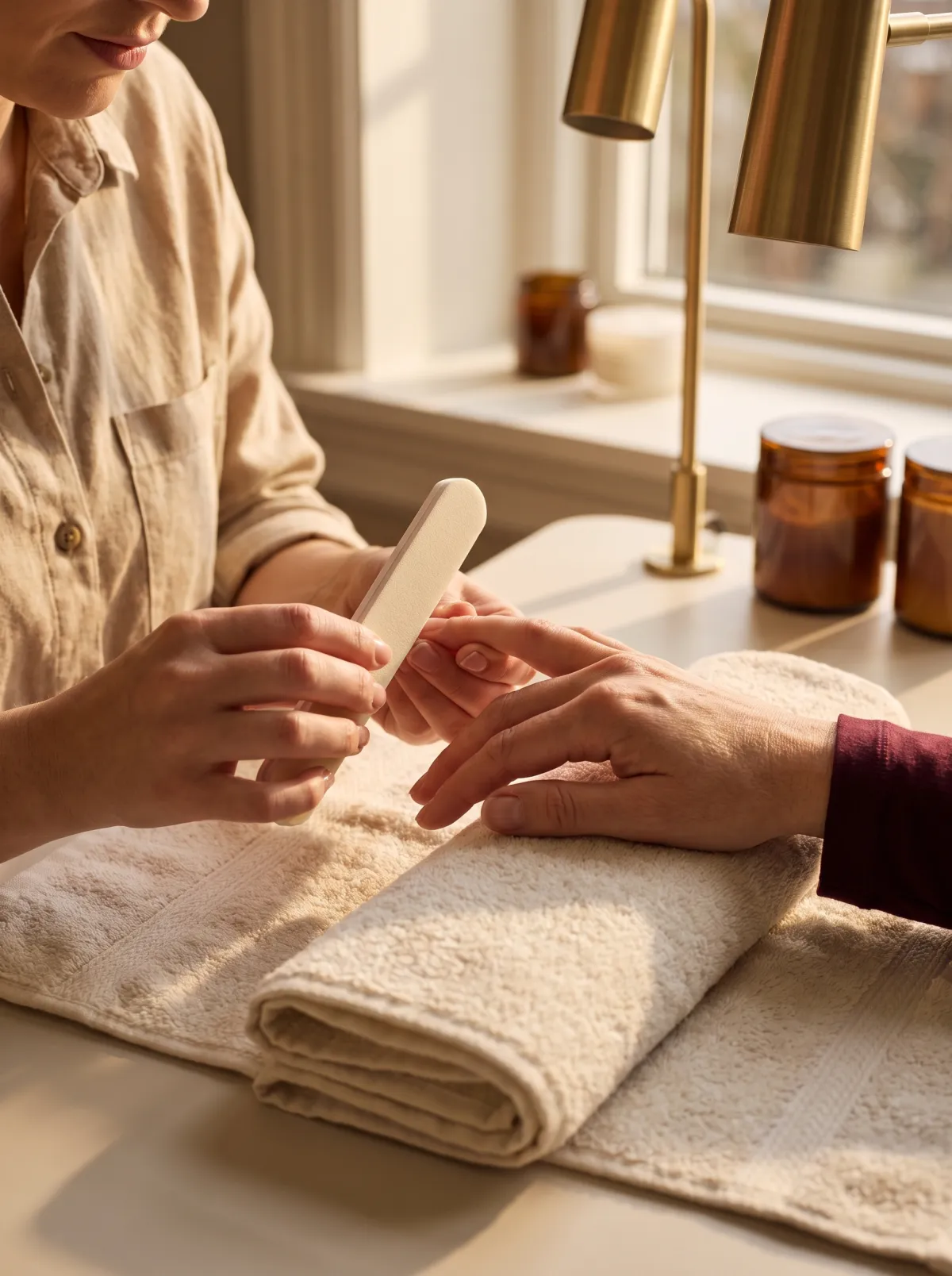 Close-up of a technician shaping a client's nail with a soft buffer file over a cream towel