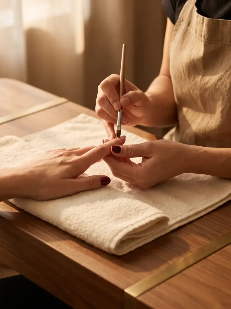 A nail technician repairing a chipped nail with clear builder gel