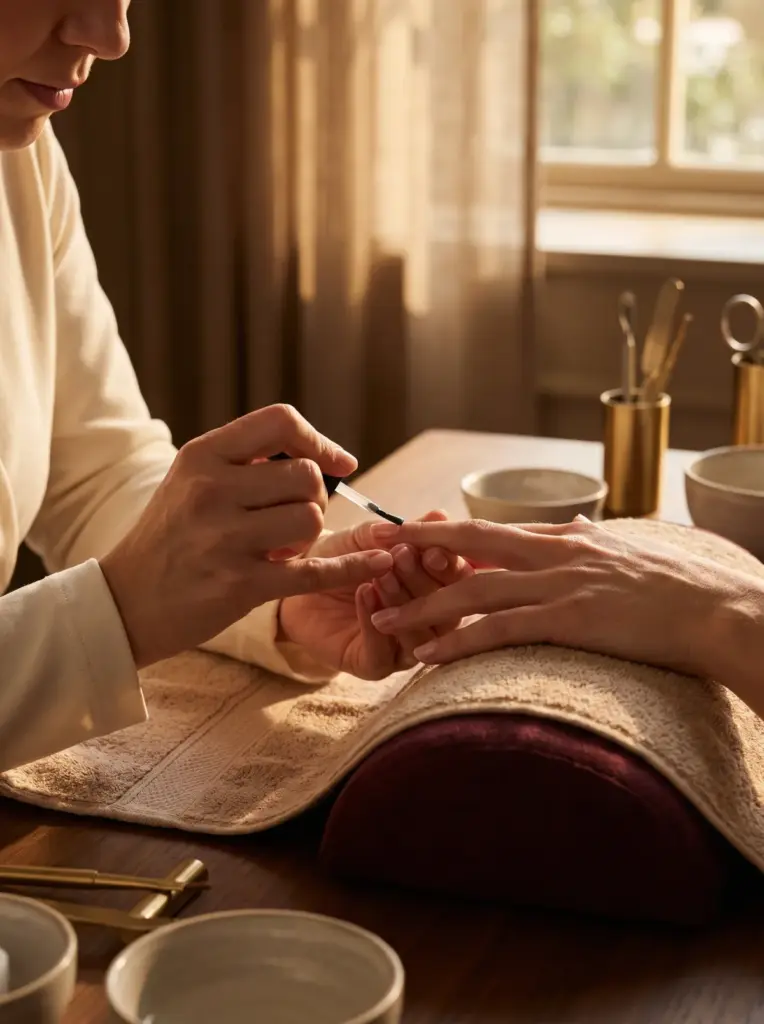 Close-up of a technician applying a clear strengthening top coat to a client's nails