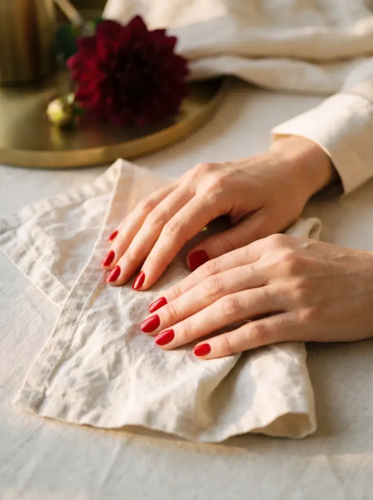 Hands with a fresh classic red polish resting on a cream linen napkin