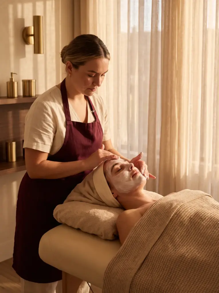 An esthetician applying a creamy facial mask with a soft brush to a relaxed client lying on a treatment bed, headband and warm towel