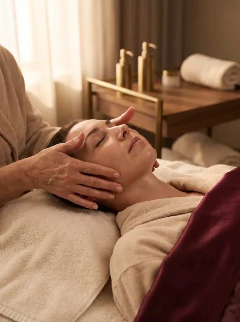Close-up of an esthetician's hands giving a gentle facial massage along a client's jawline