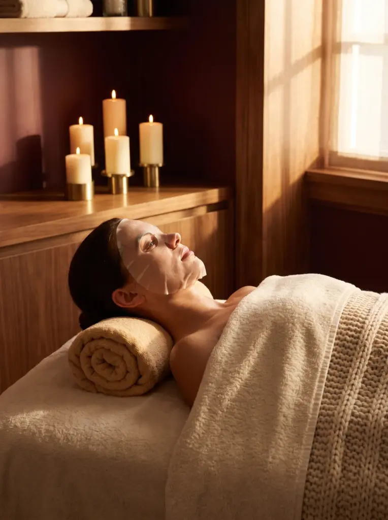 A client relaxing with a hydrating sheet mask and a warm rolled towel under the neck, candles in the background