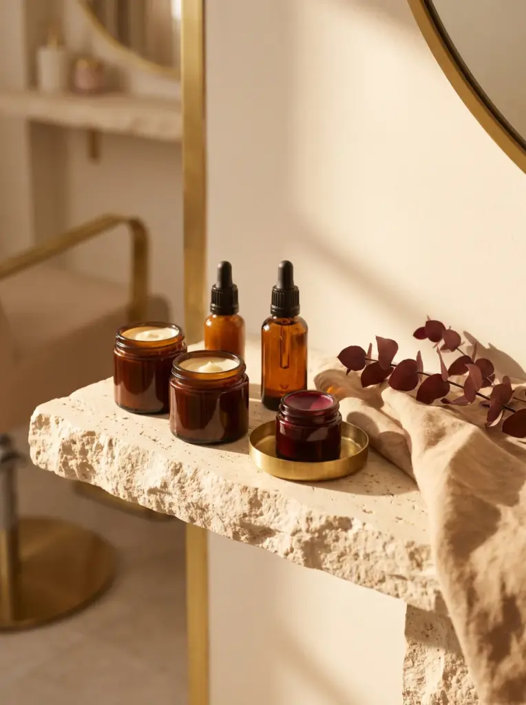 Skincare: amber glass serums and cream jars on a cream stone shelf beside a small brass dish