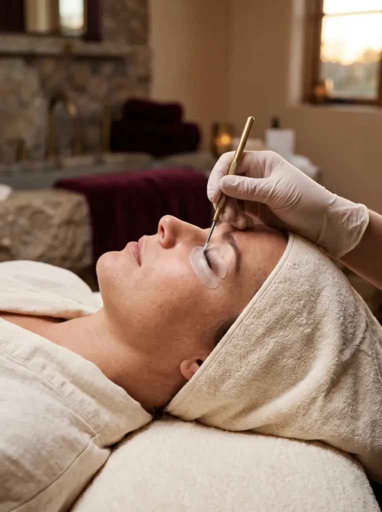 A lash treatment in progress, the client resting with under-eye pads