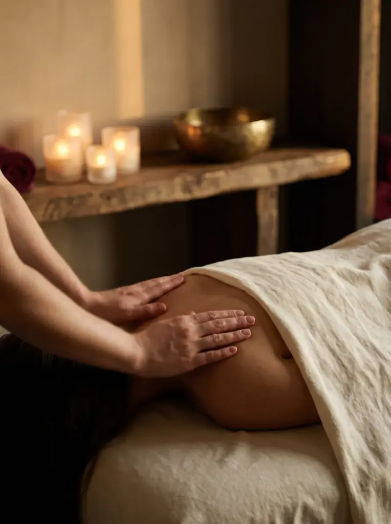 A therapist massaging a client's back by candlelight