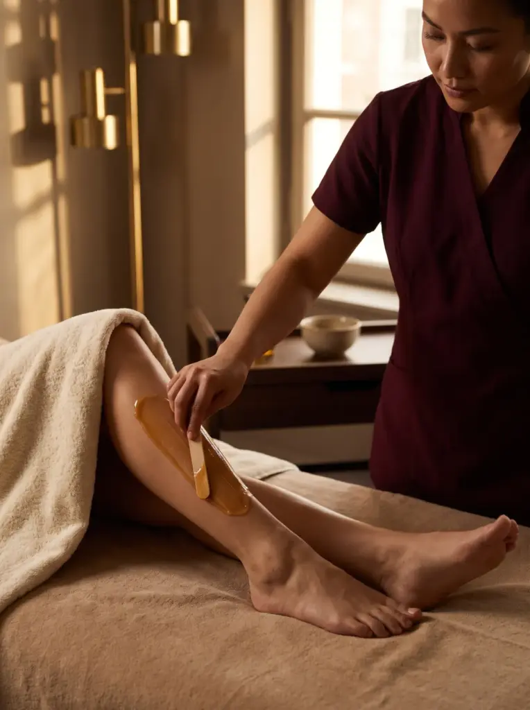Leg waxing: a technician applying warm wax to a client's lower leg with a wooden spatula, cream towel draped