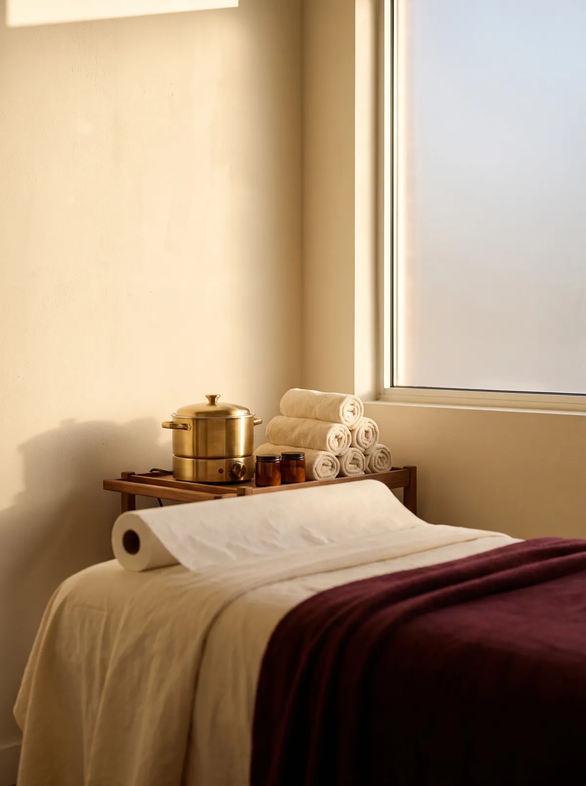 A waxing room: treatment bed with a cream paper roll, brass wax warmer and rolled towels