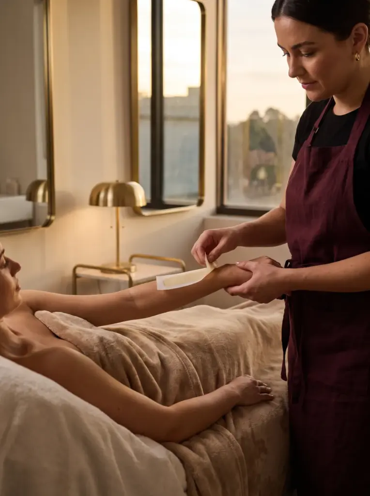 A technician lifting a wax strip from a client's forearm
