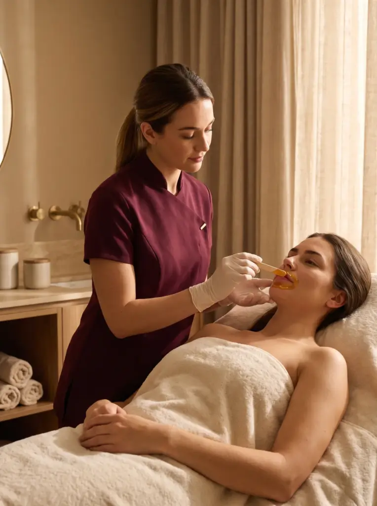 A technician applying warm golden wax to a client's upper lip with a small wooden spatula