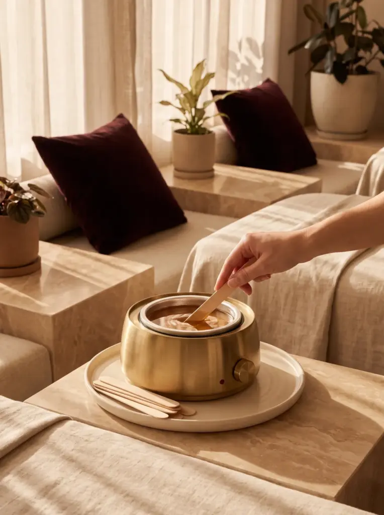 A wax warmer filled with golden hard wax and wooden spatulas on a cream tray