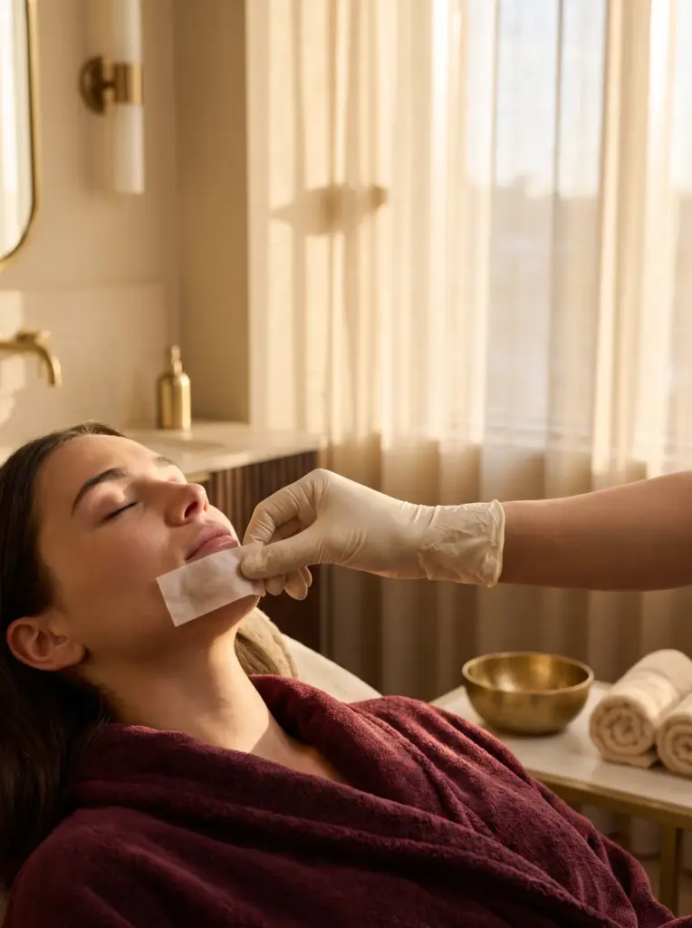 A technician's gloved hand smoothing a wax strip on a client's chin, the client relaxed