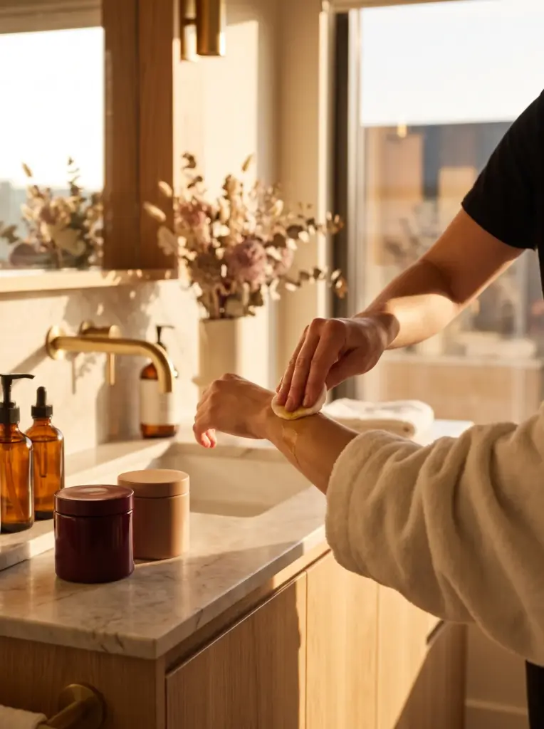 Soothing post-wax oil being applied with a cotton pad