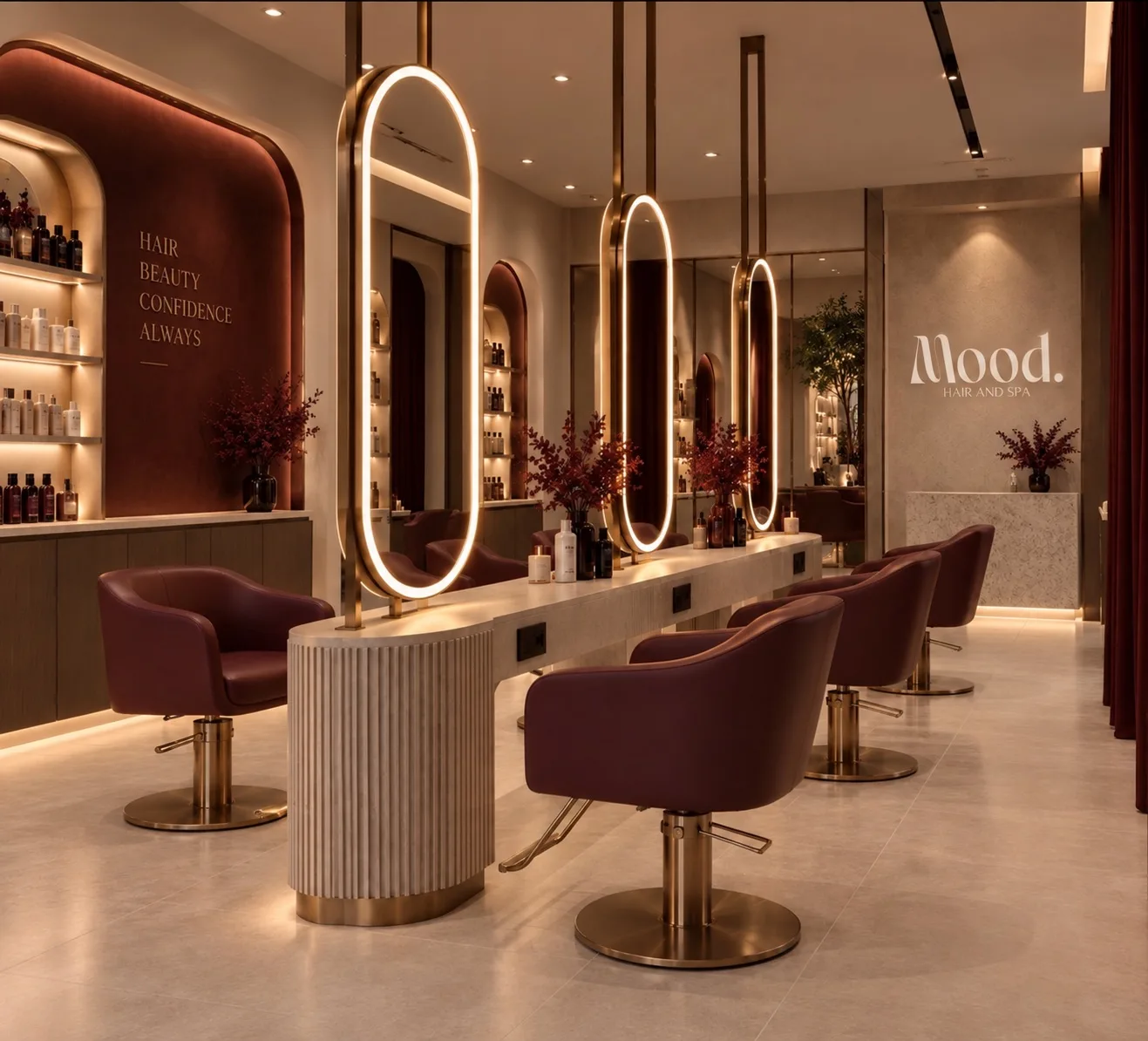 The Mood. salon with oval brass mirrors and burgundy chairs