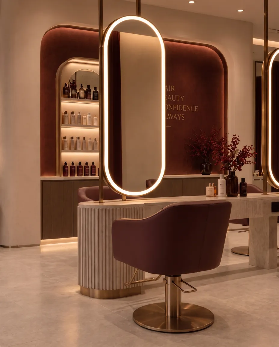 Styling station with a brass oval mirror and a burgundy chair