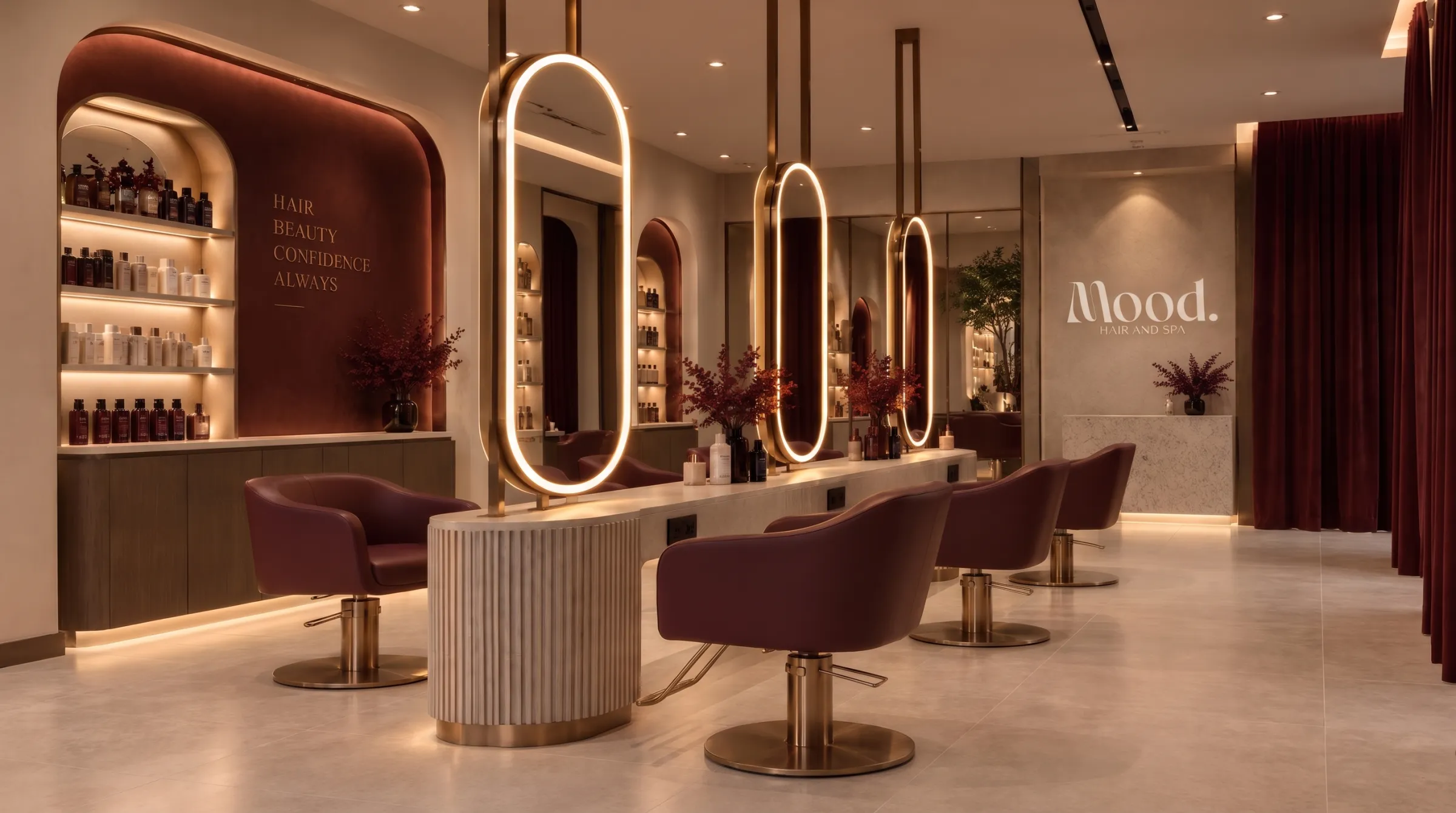 The Mood. salon: burgundy chairs, oval brass mirrors and the Mood. logo wall