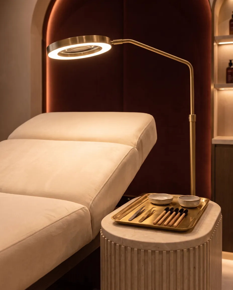 Lash and brow bed with a brass magnifying lamp
