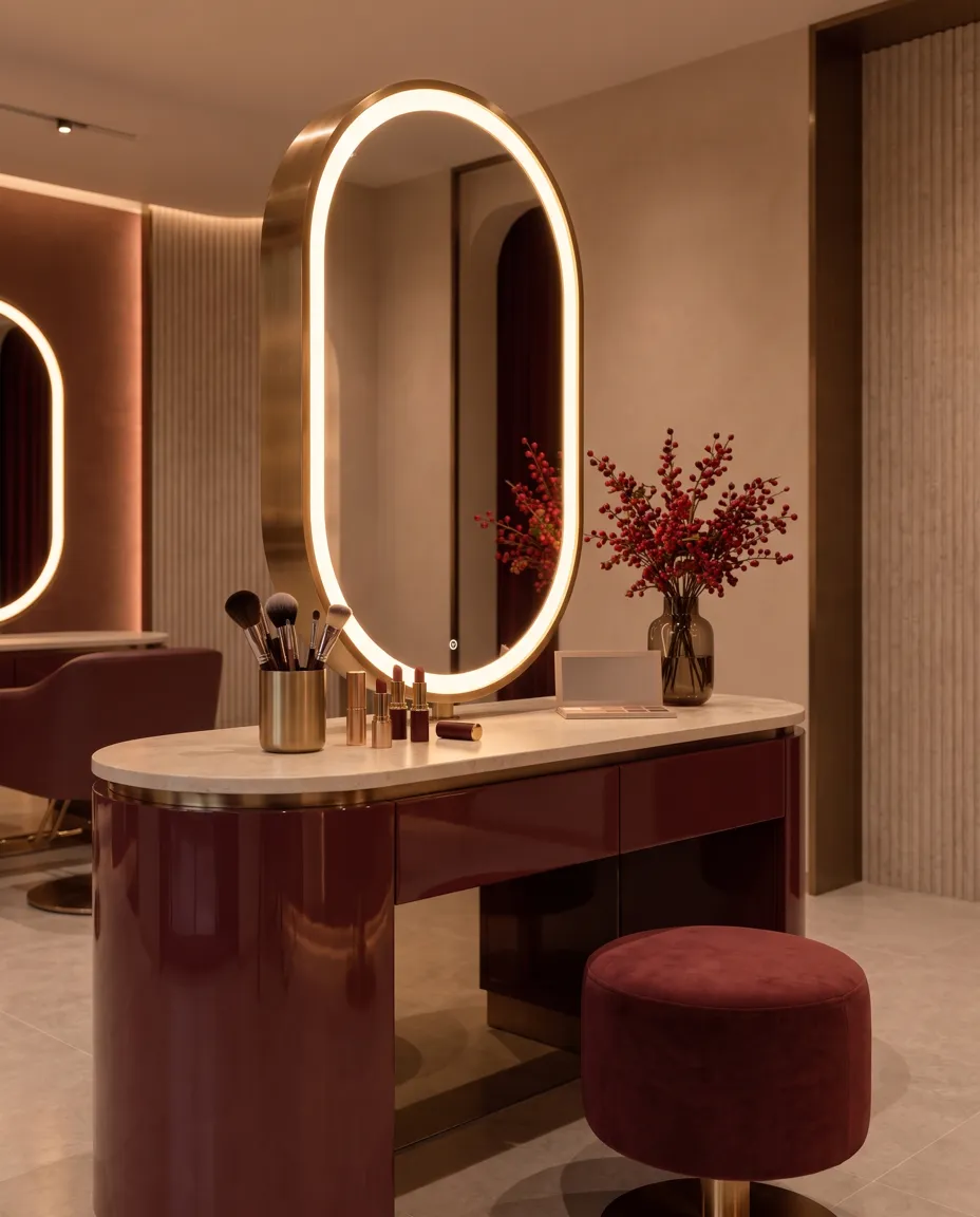 Makeup vanity with a glowing oval mirror