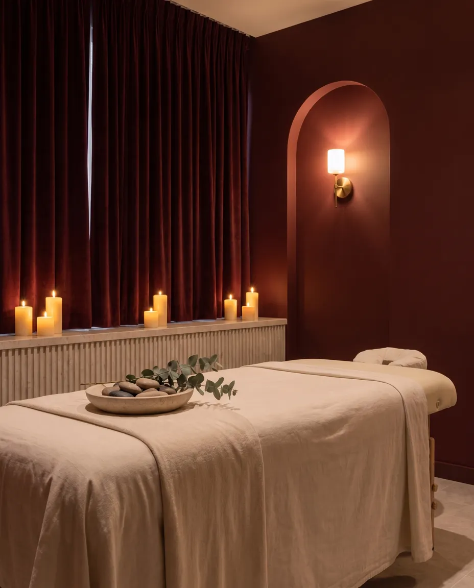Massage room with candles and a stone bowl
