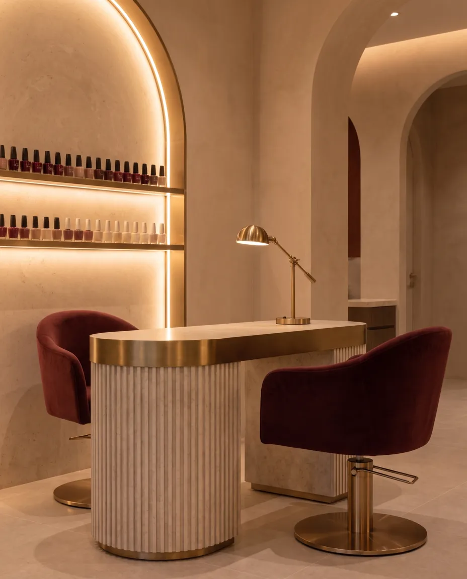 Manicure bar with burgundy velvet chairs