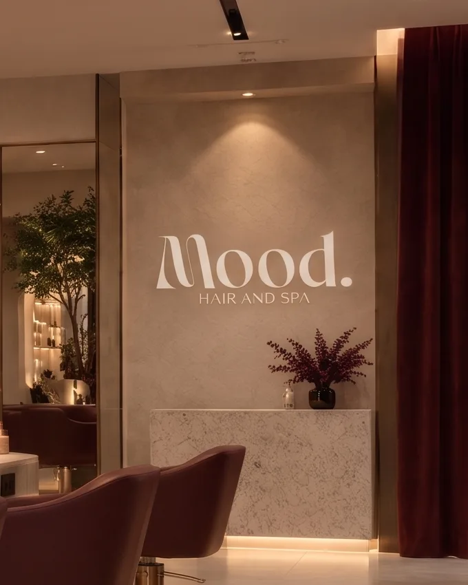 The Mood. reception desk and logo wall