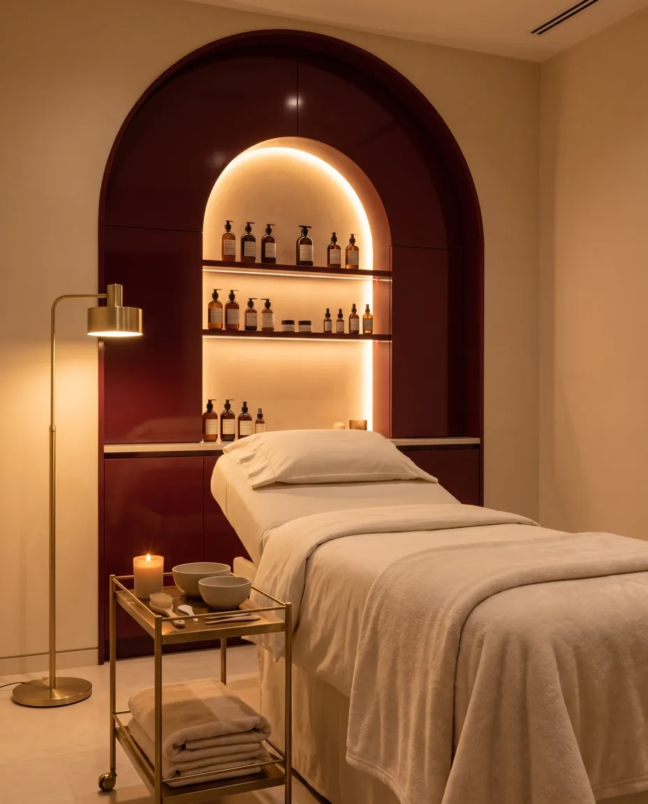 Facial room with a treatment bed and backlit shelves
