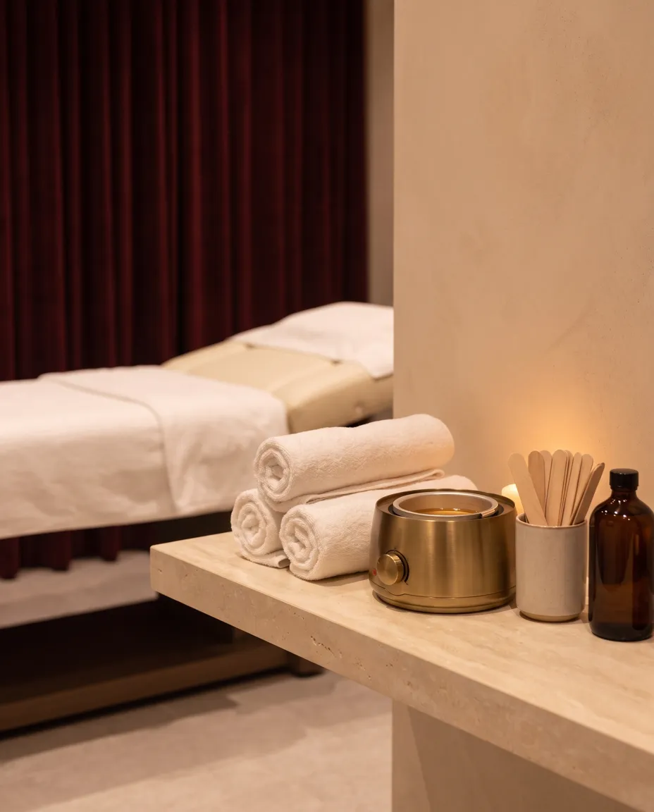 Waxing room with rolled towels and a brass wax warmer