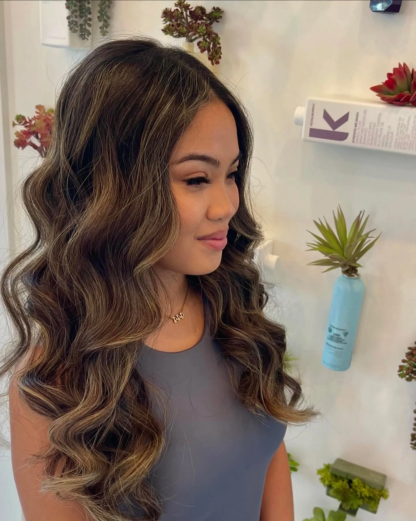 Long brunette waves with caramel balayage