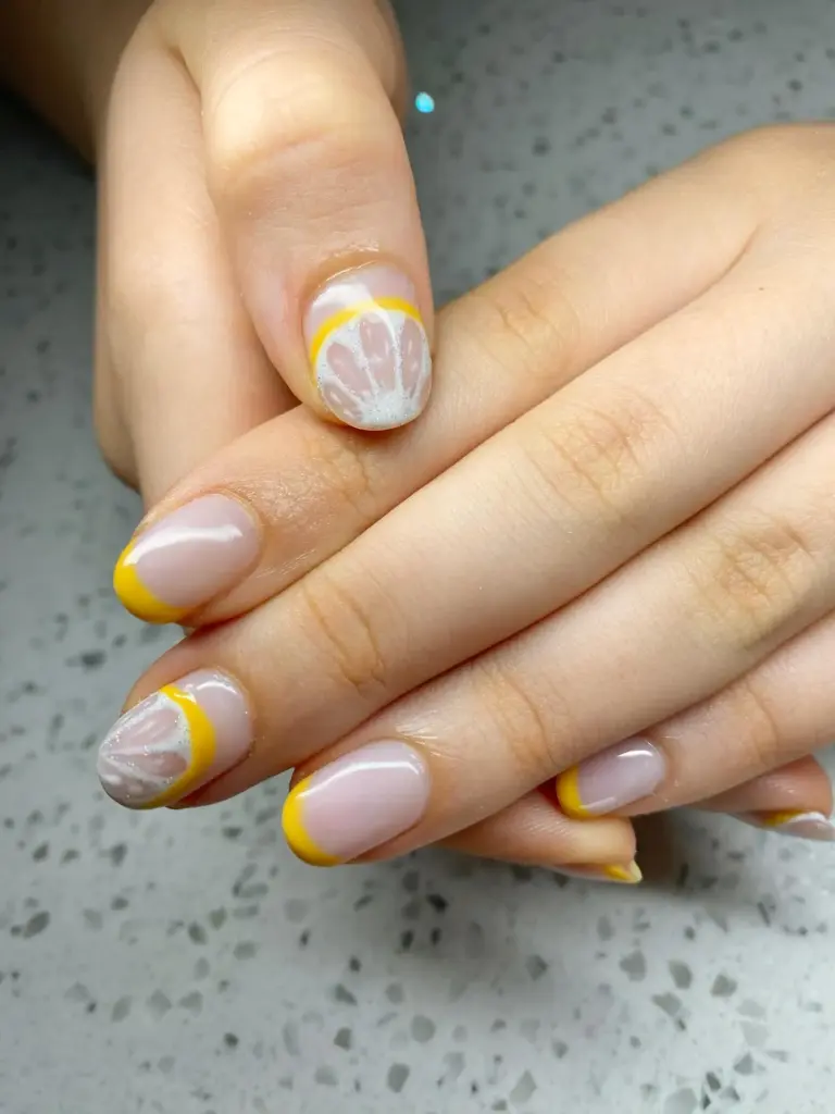 Nude nails with yellow swirls and a lemon slice design