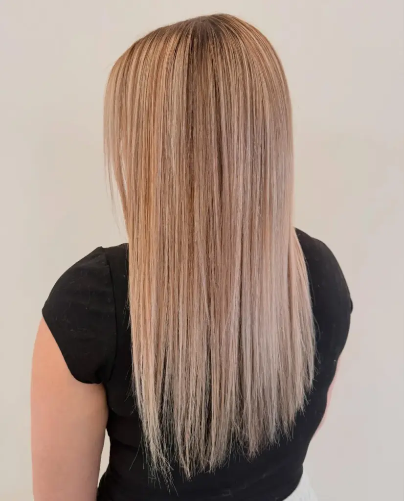 Long, sleek bronde lengths, seen from behind
