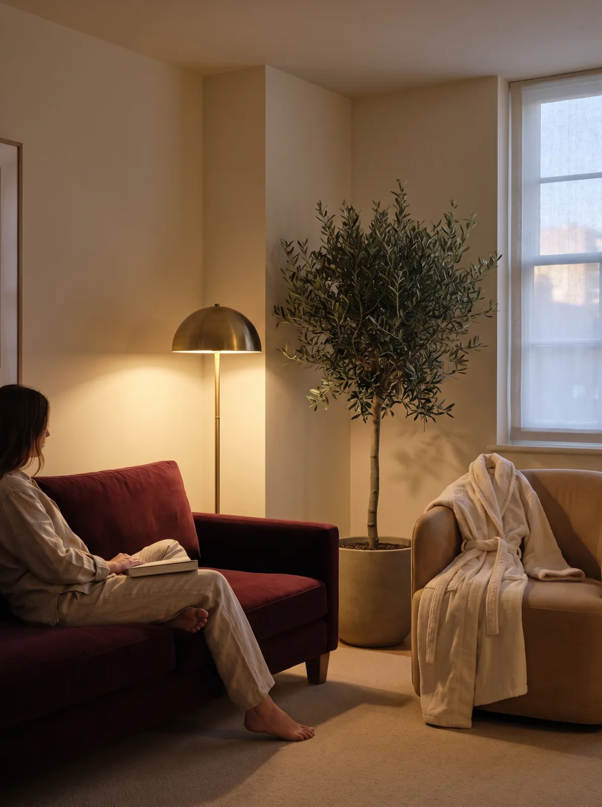 A client reading on a burgundy velvet sofa beside a brass lamp and an olive tree