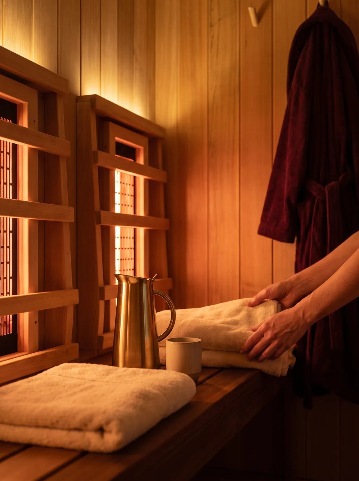 An infrared sauna with warm wood walls, folded towels, a brass carafe and a burgundy robe