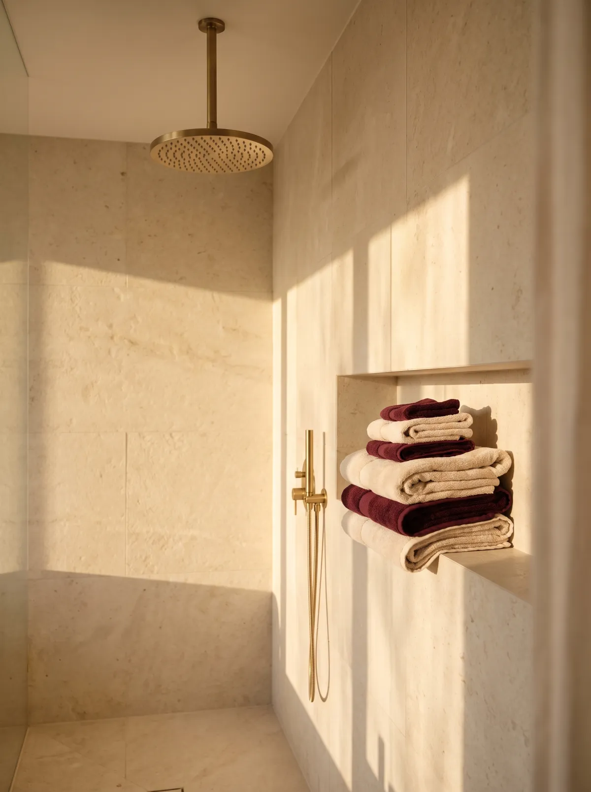 A shower room with cream stone walls, a brass rain shower and towels stacked in a niche