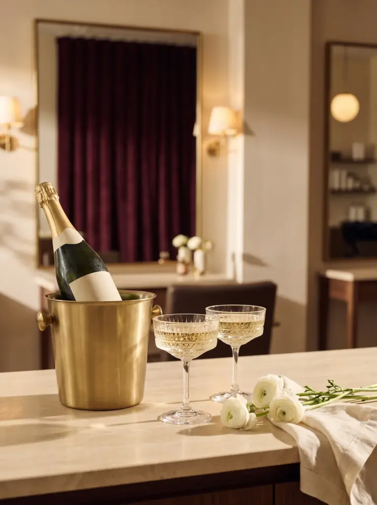 A bottle of champagne in a brass ice bucket with two coupe glasses