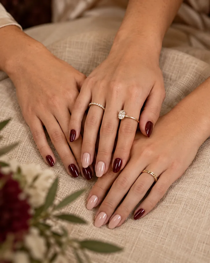 Hands with burgundy and nude manicures and engagement rings resting on a linen cushion