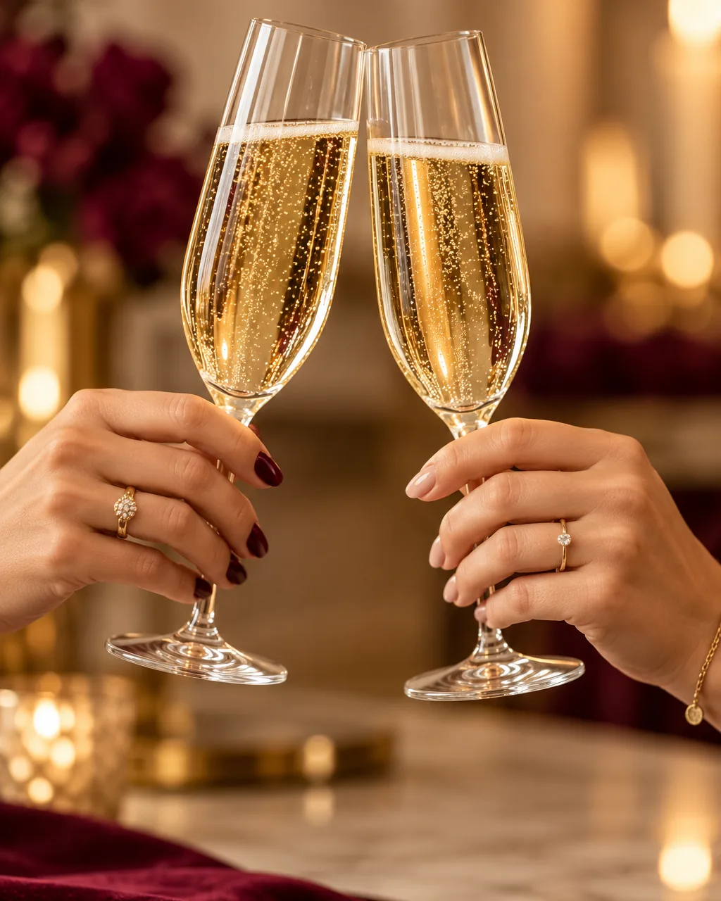 Two hands with burgundy nails raising glasses of champagne in a toast