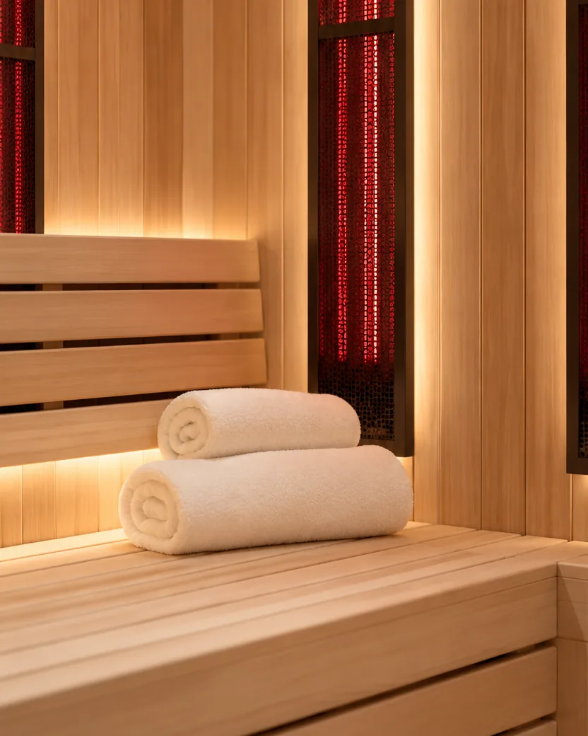 An infrared sauna with warm wood benches and two rolled white towels